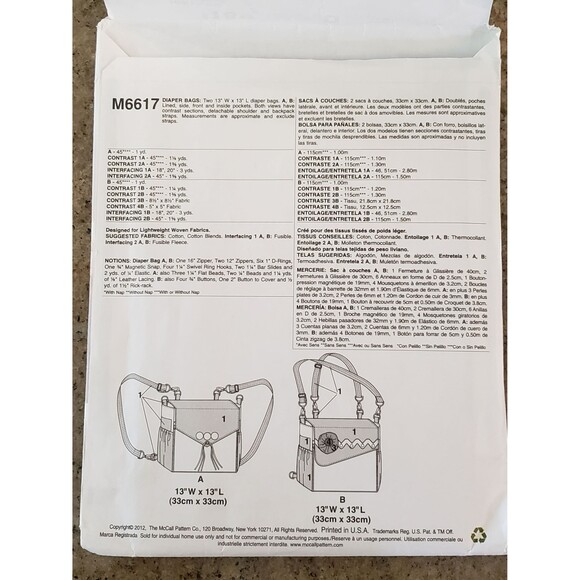 Diaper Bag Used Sewing Pattern McCall's Fashion Accessories M6617 Baby Accessory - Picture 3 of 5